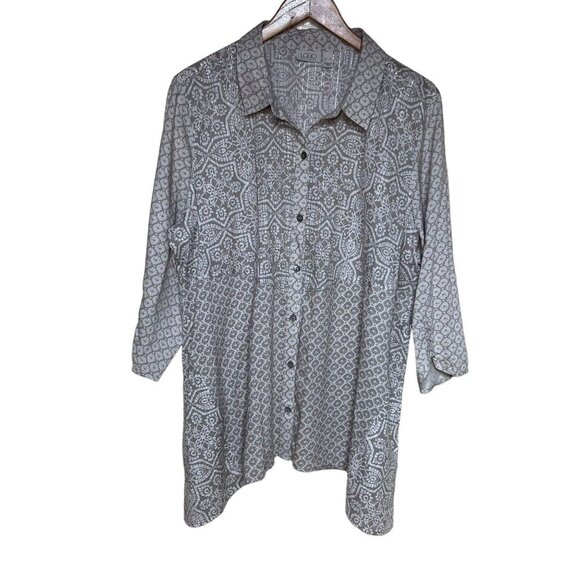 LOGO Lori Goldstein XL Button Down Tunic Top Geometric Print 3/4 Sleeve - Picture 1 of 11